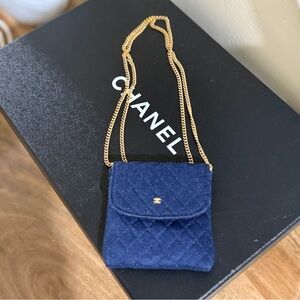 Auth Rare Chanel 90s micro flap Bag Navy  Quilted Bag Gold Chain collectable
